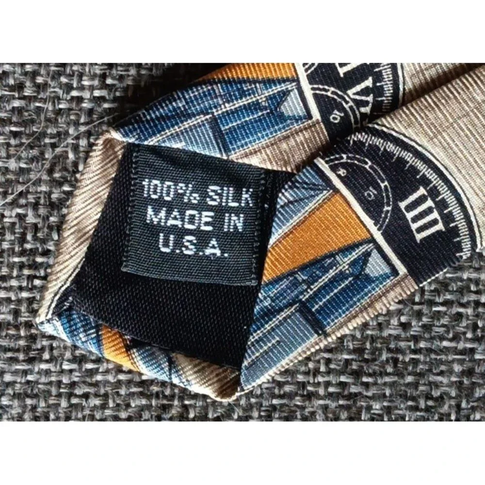 Tie 70s 80s 90s Y2K Mens Structure Silk Brown Blue Beige Tan 3.75 Wide 59 Long